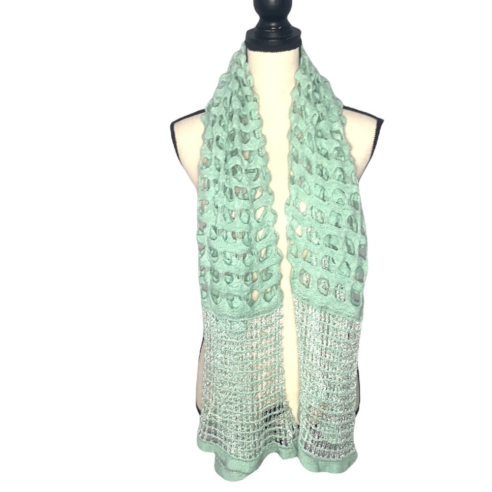 Unique Blue Green Open Knit Scarf Teal Crochet Style Lightweight Boho 60”
